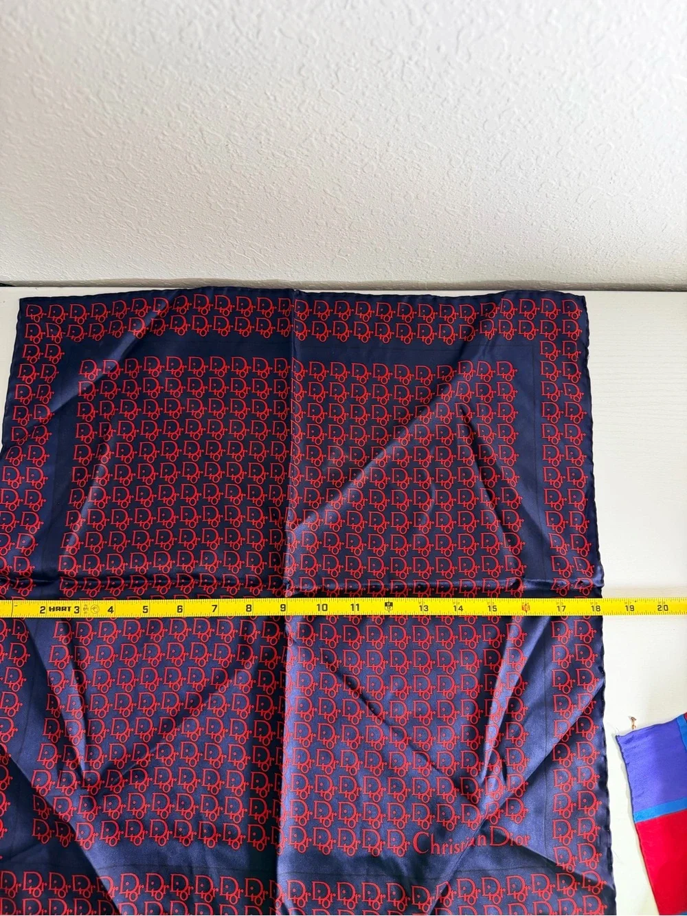 Christian Dior Silk Scarf 18in Trotter Monogram Logo Navy Red.